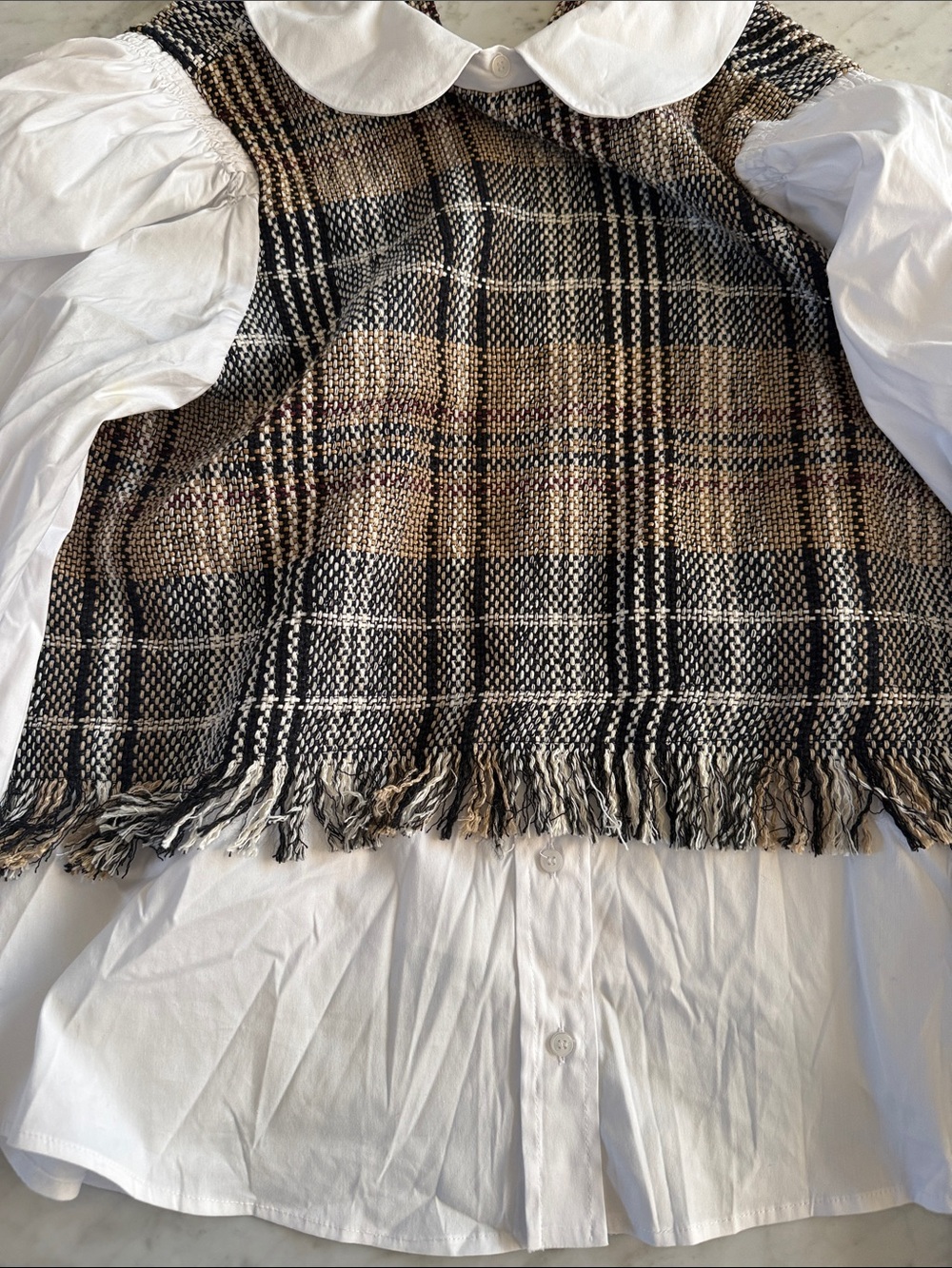 Zara White Puff-Sleeve Blouse with Brown Plaid Vest - Picture 2 of 4
